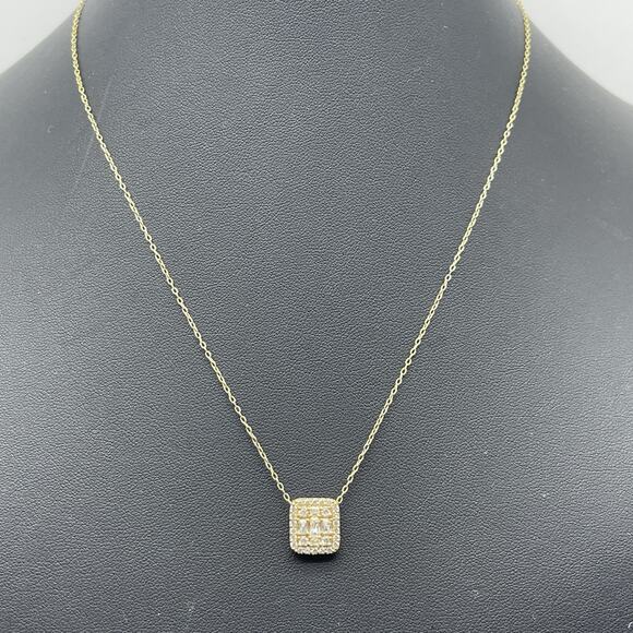 Sterling Silver Gold Vermeil Necklace CZ Sparkle Cluster Rectangle Pendant - Picture 2 of 9